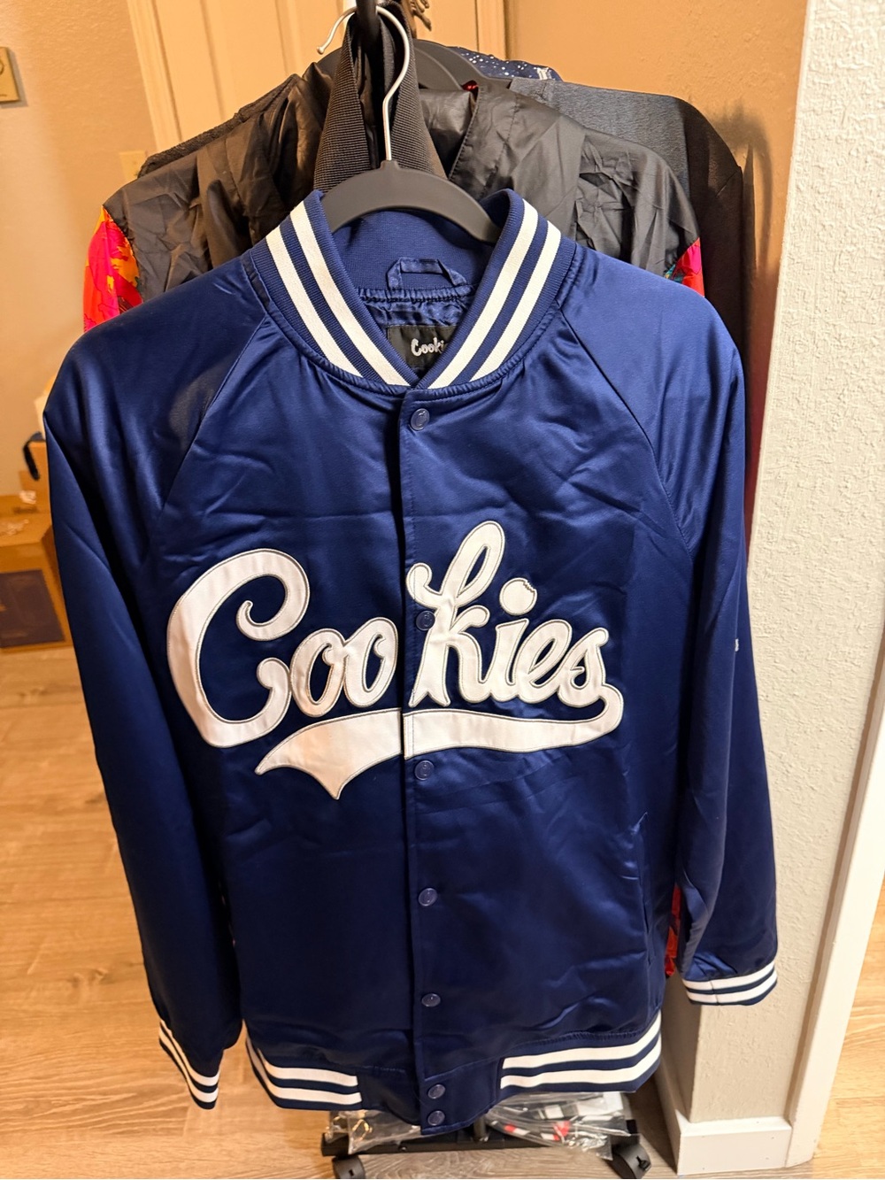 Cookies Navy Satin Varsity Jacket with White Script